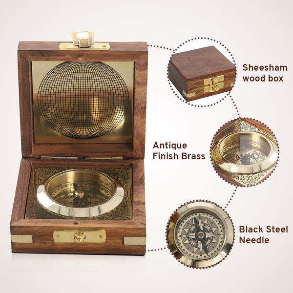 Handcrafted Wooden Box With Built in Goldentone Compass (Size 7x7x3 Cm)