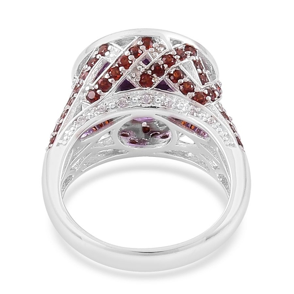 Amethyst (Rnd 6.25 Ct), Mozambique Garnet and White Zircon Ring in Rhodium Plated Sterling Silver 7.750 Ct.