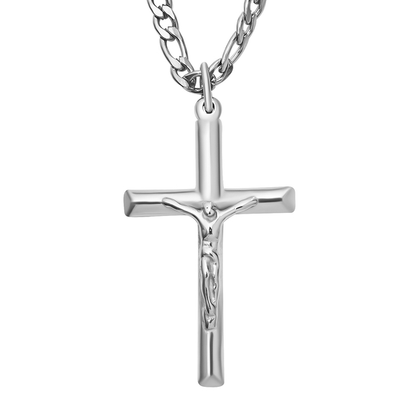 NY Close Out Deal- Crucifix Pendant With Figaro Necklace (Size - 24) in Silver Tone