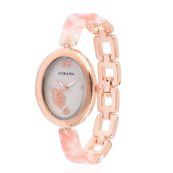 STRADA Japanese Movement White Austrian Crystal Studded MOP Dial Watch in Rose Gold Tone with Stainl