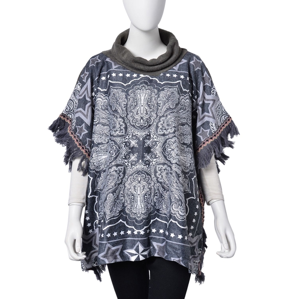 Grey and White Colour Stars Pattern Turtle Neck Poncho with Tassels (Free Size)