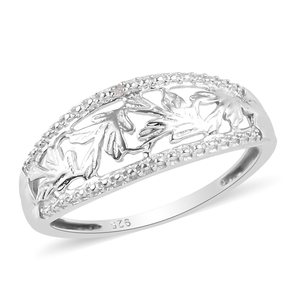 Diamond and Leaf Ring in Platinum Overlay Sterling Silver
