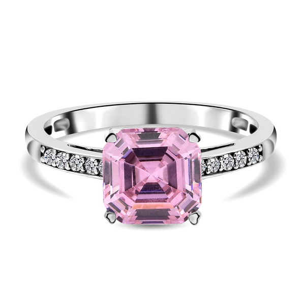 ELANZA Simulated Pink Sapphire (Asscher Cut) and Simulated Diamond Ring in Rhodium Overlay Sterling 