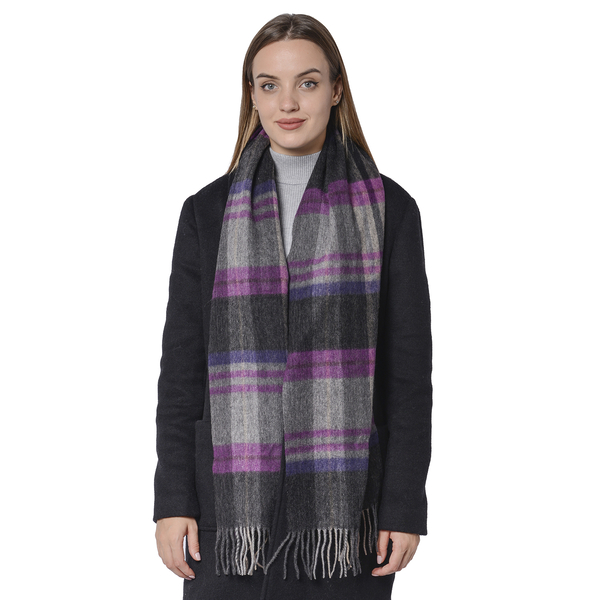 Plaid Pattern Wool Scarf with Fringes (Size 30x170+8cm) - Black and Purple