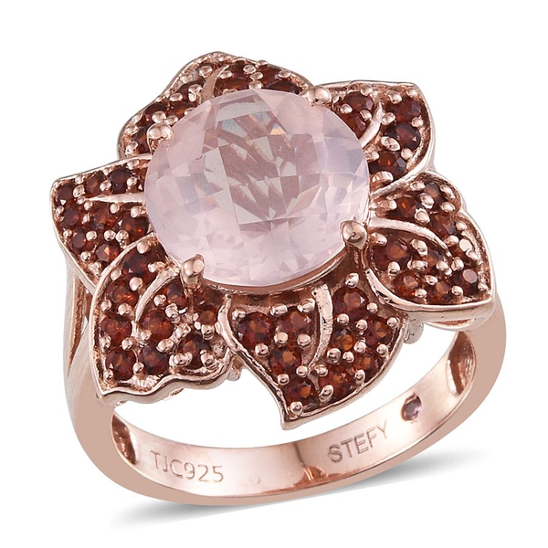 Stefy Rose Quartz (Rnd 5.50 Ct), Mozambique Garnet and Pink Sapphire Floral Ring in Rose Gold Overla