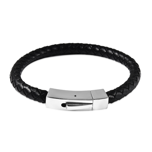 Personalised Engravable Black Leather Bracelet 8", Steel
