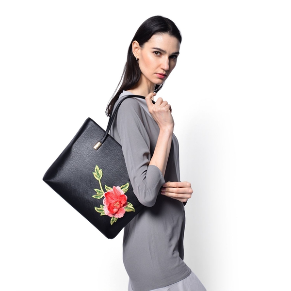 3D Floral Pattern Black Colour Tote Bag (Size 38x28x8 Cm)