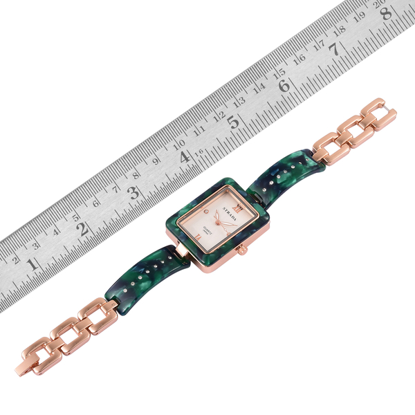 STRADA Japanese Movement White Austrian Crystal Studded Dial Watch in Rose Gold Tone with Dark Green Colour Strap