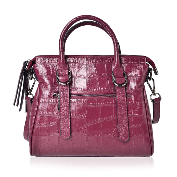 (LAST CHANCE TO BUY )Genuine Leather Croc Embossed Burgundy Colour Tote Bag with Adjustable Shoulder Strap (Size 28.5X24.5X9.5 Cm)