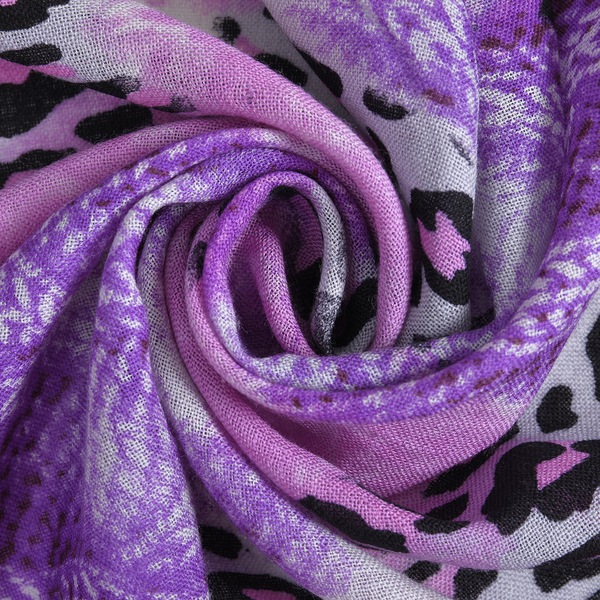 La Marey 100% Merino Woollen Leopard Pattern Scarf (Size 175x66 Cm) - Purple & Black
