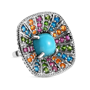 Arizona Sleeping Beauty Turquoise and Multi Gemstones Cluster Ring in Platinum Overlay Sterling Silv