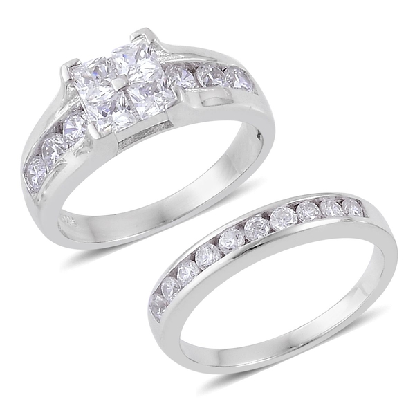 AAA Simulated White Diamond 2 Ring Set in Rhodium Plated Sterling Silver