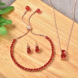 3 Piece Set - Red Austrian Crystal & Simulated Mozambique Garnet Pendant with Chain ( 20 with 2 inch Extender), Adjustable Bracelet ( 6.5-9.5) and Stud Earrings (with Push Back) in Rose Gold Tone