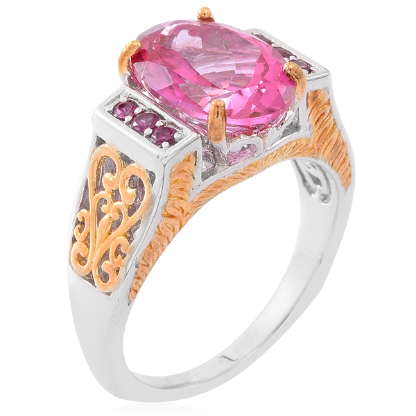 New York Closeout-Mystic Pink Coated Topaz (Ovl 7.00 Ct), Rhodolite Garnet Ring in Rhodium and Gold Overlay Sterling Silver 7.250 Ct. Silver wt 6.50 Gms.