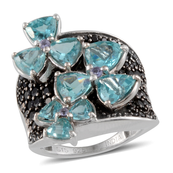 7.84 Ct Paraibe Apatite and Black Spinel with Multi Gemstones Ring in Sterling Silver 6.4 Grams
