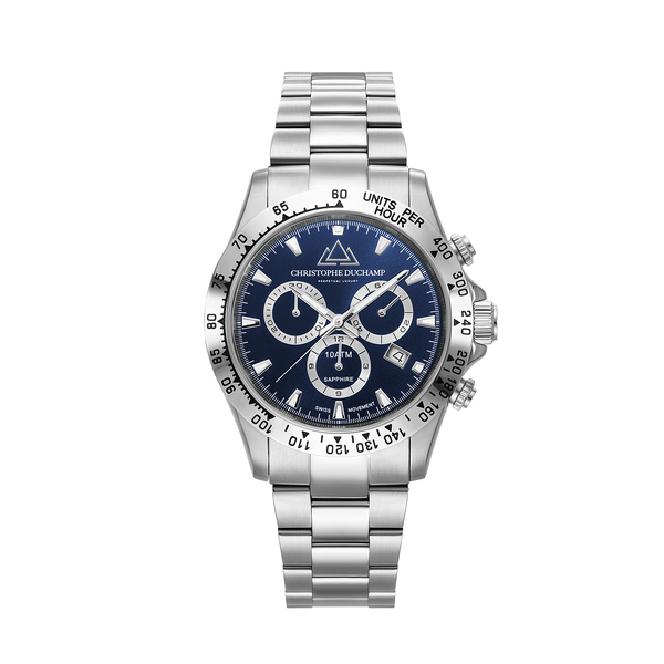 CHRISTOPHE DUCHAMP Grand Mont Silver Watch with Dark Blue Dial in Stainless Steel