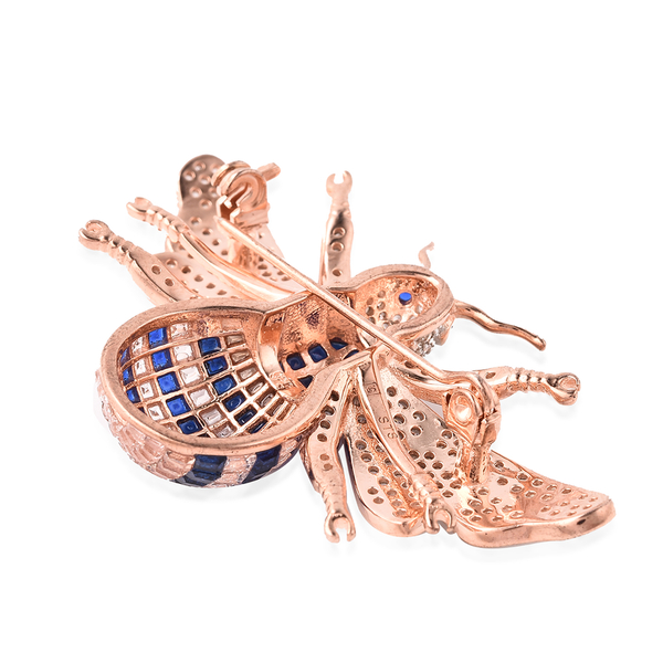 Lustro Stella Blue Spinel, Simulated Blue Sapphire and Simulated Champagne and White Diamond Honeybee Brooch in Two-Tone Overlay Sterling Silver, Silver wt. 8.34 gms