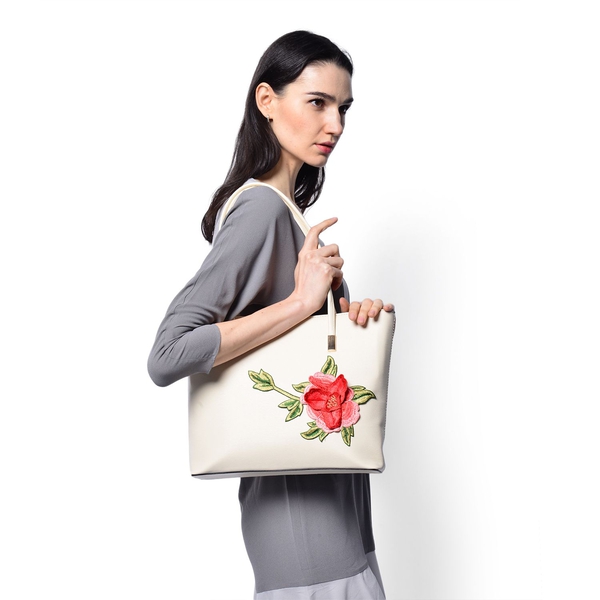 3D Floral Pattern Cream Colour Tote Bag (Size 38x28x8 Cm)