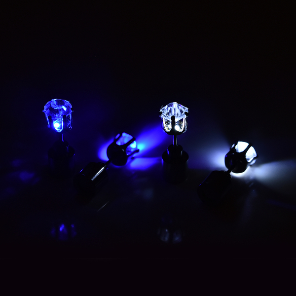 Set of 2 - White Austrian Crystal with Blue and White LED Light Stud Earrings (with Push Back) in Silver Tone