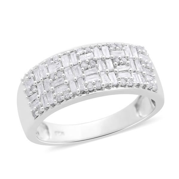 Diamond (Rnd and Bgt) Ring in Platinum Overlay Sterling Silver 0.750 Ct.