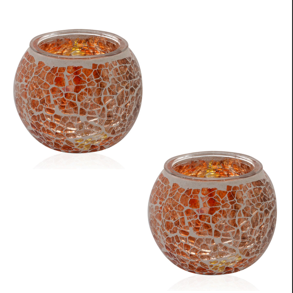 Set of 2 - Handmade Orange Colour Mosaic Glass Candle Holder