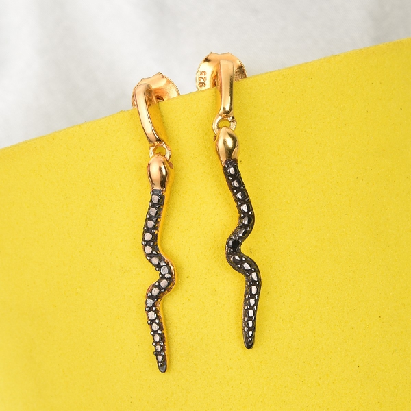 Black Diamond Serpent Earrings in 14K Gold Overlay Sterling Silver