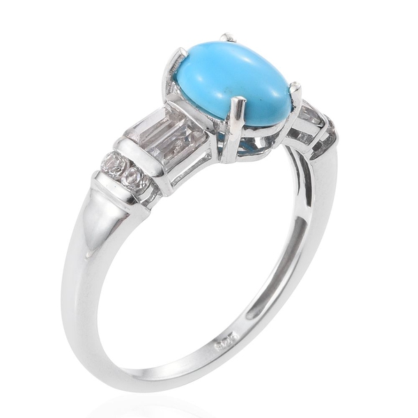 Arizona Sleeping Beauty Turquoise (Ovl 1.35 Ct), White Topaz Ring in Platinum Overlay Sterling Silver 2.250 Ct.