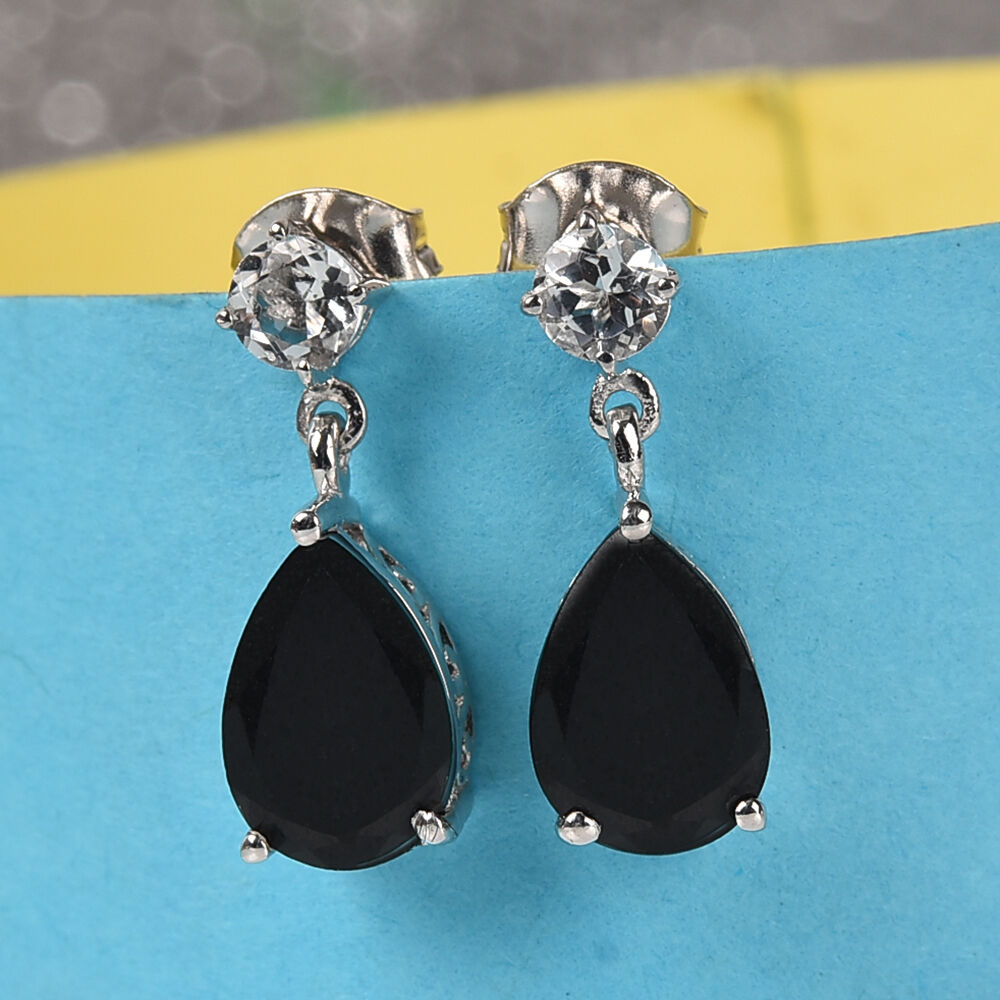 AA Black Tourmaline (Pear), White Topaz Drop Dangle Earrings (with Push Back) in Platinum Overlay Sterling Silver 4.250 Ct.
