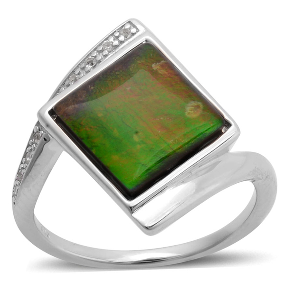 Canadian Ammolite (Sqr 3.00 Ct), White Topaz Ring in Platinum Overlay Sterling Silver 3.050 Ct.
