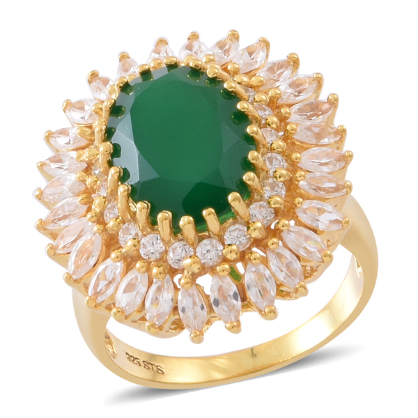 Designer Inspired-Verde Onyx (Ovl 5.25 Ct), Natural White Cambodian Zircon Ring in 14K Gold Overlay 