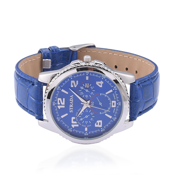 STRADA Japanese Movement Chronograph Look Blue Dial Water Resistant Watch in Silver Tone with Stainless Steel Back and Blue Strap