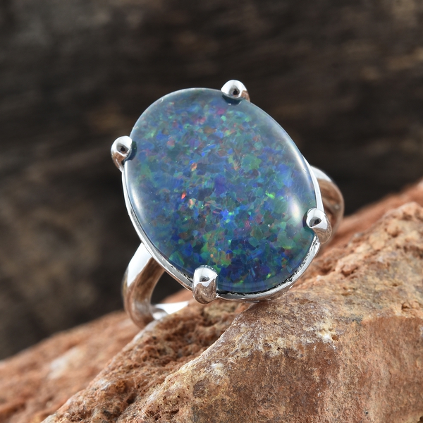 Exclusive Edition- Very Rare  Australian Boulder Opal (Ovl 20X15 mm) Solitaire Ring in Platinum Overlay Sterling Silver 9.000 Ct.