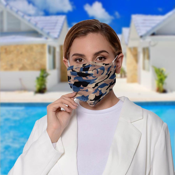 Camouflage Pattern Double Layer Open Mouth Reusable Face Covering with Adjustable Ear Loop (Size 22x18 Cm) - Beige and Blue