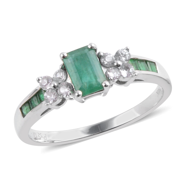 Close Out Deal 14K W Gold Kagem Zambian Emerald (Oct 0.50 Ct), White Topaz Ring 1.100 Ct.