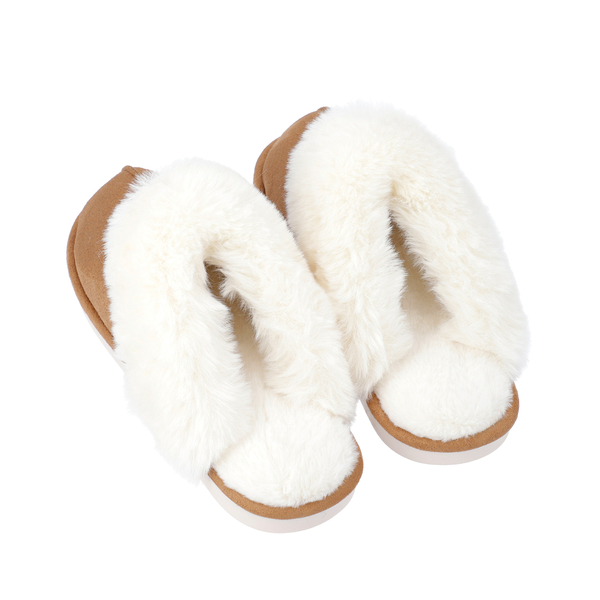 Super Soft Suedette Home Slippers with Faux Fur (Size L: 7-8) - Coffee