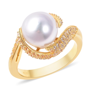 White South Sea Pearl and Zircon Swirl Ring in Gold Plated Silver 5 Grams