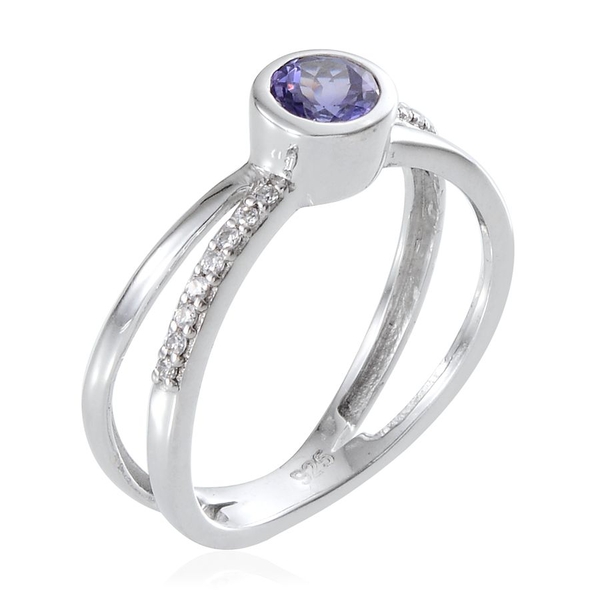 Tanzanite (Rnd 0.50 Ct), Simulated Diamond Ring in Platinum Overlay Sterling Silver 0.600 Ct.