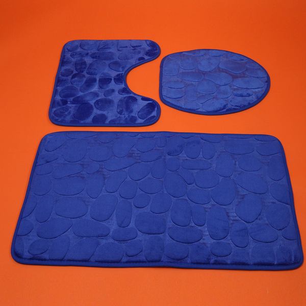3 Piece Round Stone Embossed Pattern Bathmat Set - Toilet Mat, Bath Mat and Toilet Seat Cover in Blue