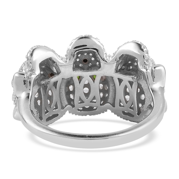 Chrome Diopside (Rnd), Boi Ploi Black Spinel and Natural White Cambodian Zircon Three Skull Ring in Rhodium Overlay Sterling Silver 2.820 Ct, Silver wt 6.38 Gms.