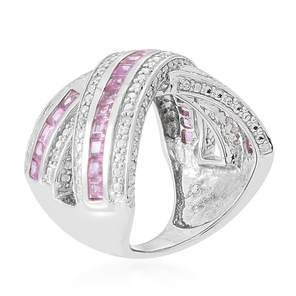 Pink Sapphire (Sqr), Natural Cambodian Zircon Criss Cross Ring in Rhodium Plated Sterling Silver 2.000 Ct.