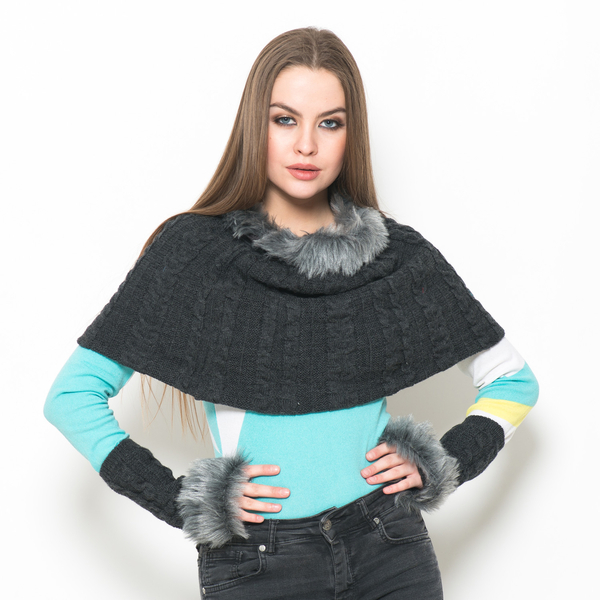 Charcoal Colour Knitted Snood and Hand Gloves with Fur