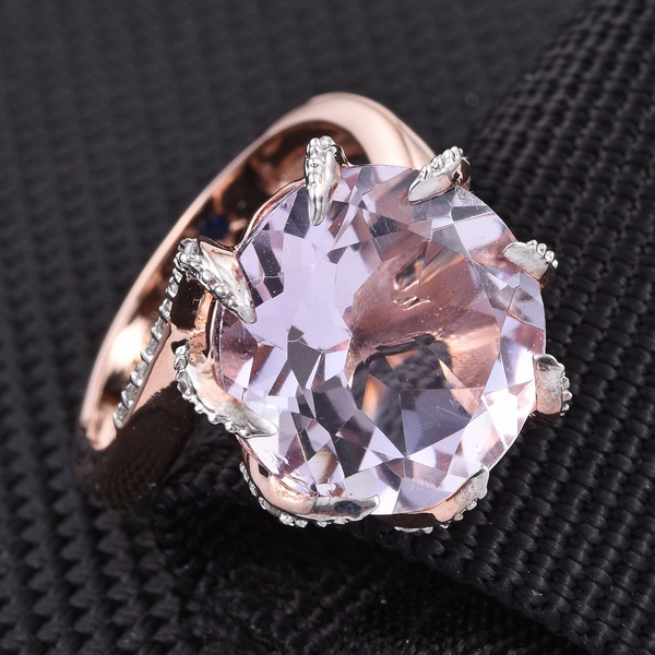 GP Rose De France Amethyst (Rnd 9.30 Ct), Natural Cambodian Zircon and Kanchanaburi Blue Sapphire Ring in Rose Gold Overlay Sterling Silver 9.750 Ct.