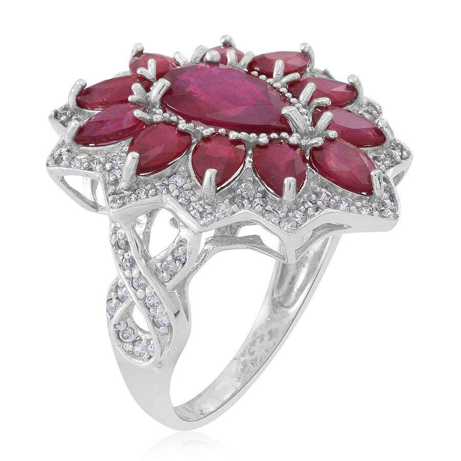 Limited Edition Designer Inspired African Ruby (Pear 4.00 Ct), White Zircon Ring in Rhodium Plated Sterling Silver 11.000 Ct.