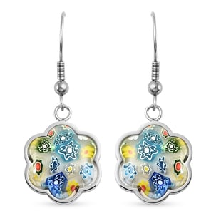 Multi Colour Murano Glass Floral Hook Earrings in Stainless Steel