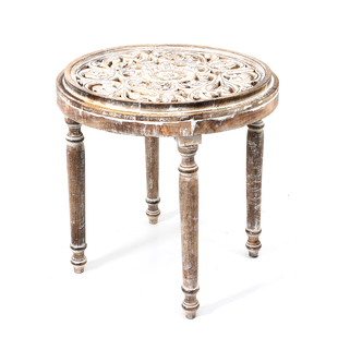 NAKKASHI Hand Carved Mango Wood Table with Glass Top (Size 58x58x41Cm)