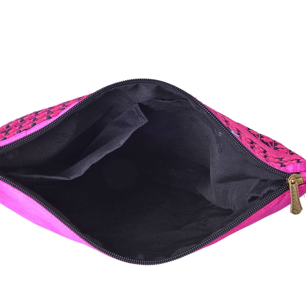 Shanghai Collection Fuchsia Colour Floral Embroidered Clutch or Sling Bag with Removable Shoulder Strap (Size 34X32X7 Cm)