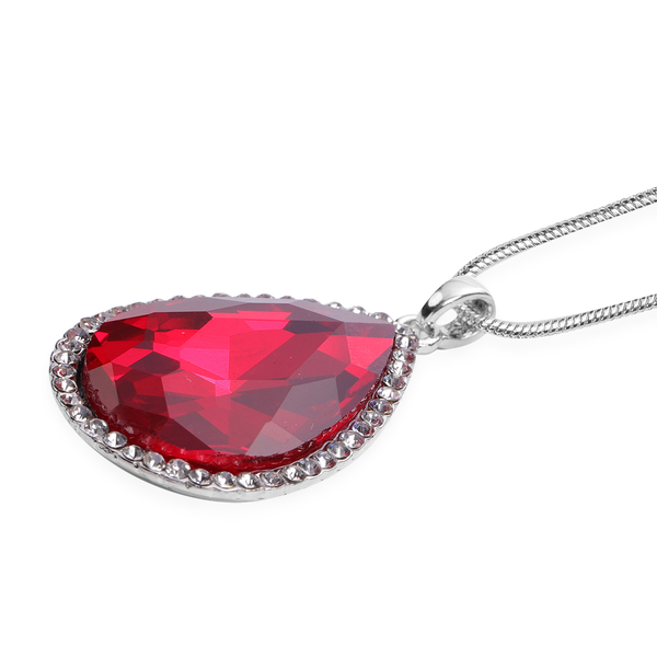 3 Piece Set - Simulated Ruby, White Austrian Crystal Pendant with Chain (Size 24 with 3 inch Extender) in Silver Tone & Fuchsia with Multi Colour Scarf (Size 50 Cm) in Gift Box