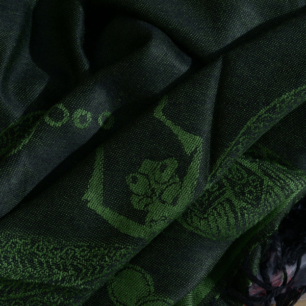 Limited Edition- Designer Inspired-Green and Black Colour Dragonfly Pattern Jacquard Scarf with Tassels (Size 180X70 Cm)