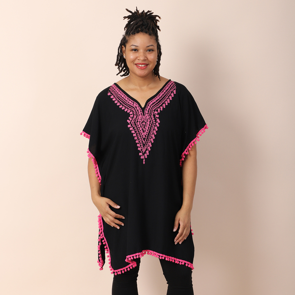 TAMSY 100% Viscose Kaftan with Emboridery (Size 75x57x85 Cm) - Black Shell with Pink Emboridery