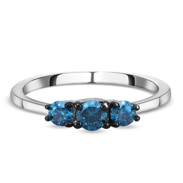 9K White Gold Blue Diamond Trilogy Ring 0.50 Ct.